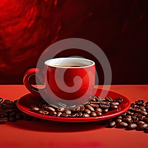 Cup of coffee with fresh roasted coffee beans on a red background