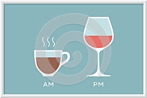 Cup coffee and glass wine in cafe with symbol defferent time