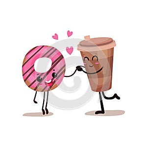 Cup of coffee and glazed donut characters are best friends, funny fast food menu vector Illustration