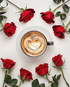 Cup of coffee with heart latte art encircled by red roses is a quintessential representation of love and affection