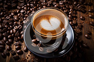 a cup of coffee with a heart-shaped foam on top sits on top of coffee beans