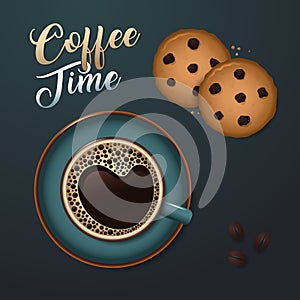 A cup of coffee with heart-shaped foam and two oatmeal cookies with chocolate chips on a blue background