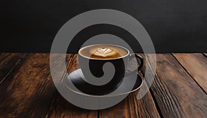 Cup of coffee with heart shaped milk foam on wooden table black background