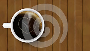 Cup of coffee with heart on a wooden background. Vector illustration.