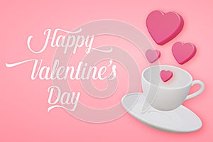 A cup coffee with a hearts. Valentine day vector romantic banner with hot drink and love symbols. 3d vector illustration