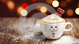 Cup of coffee or hot chocolate with snowman on it. Winter cozy hot drink with milk foam. Holiday background with copy