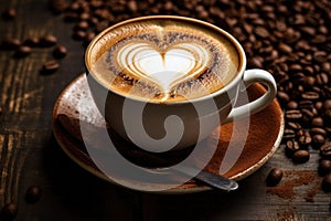 Cup of coffee with latte art and coffee beans on wooden background, Cup of cappuccino with a heart shape on thae foam, AI