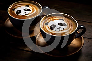 Cup of coffee with latte art, milk foam panda bear illustration. Cozy atmosphere. Cup of handcrafted cappuccino on