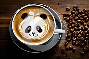 Cup of coffee with latte art, milk foam panda bear illustration. Cozy atmosphere. Cup of handcrafted cappuccino on