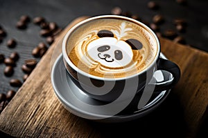 Cup of coffee with latte art, milk foam panda bear illustration. Cozy atmosphere. Cup of handcrafted cappuccino on