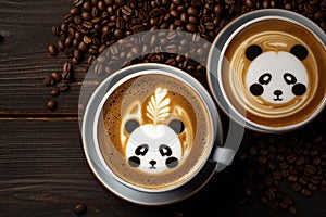 Cup of coffee with latte art, milk foam panda bear illustration. Cup of handcrafted cappuccino on wooden table for