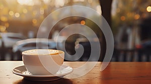 Cup of coffee with latte art and steam on wooden table on blurred background