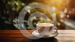 Cup of coffee with latte art and steam on wooden table on blurred background