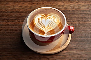 Cup of coffee latte with heart shape and coffee beans on old wooden background. Generative ai