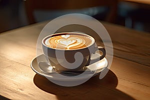 Cup of coffee latte with heart shape and coffee beans on old wooden background. Generative ai