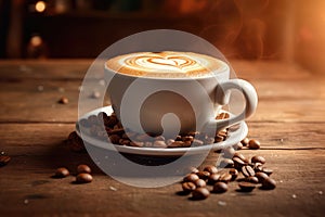Cup of coffee latte with heart shape and coffee beans on old wooden background. Generative AI