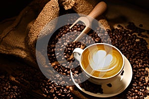 Cup of coffee latte with heart shape and coffee beans on old wooden background