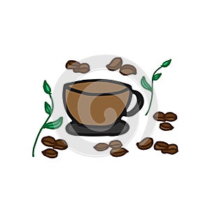 Cup of coffee with leaf and coffee beans illustration on white background. hand drawn vector. doodle art for wallpaper, cover, pos