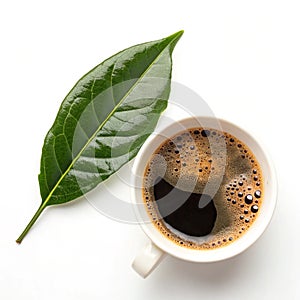 Cup of coffee with leaf on transparent background