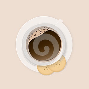 Cup of Coffee on a light Background with cookies , Top View, vector