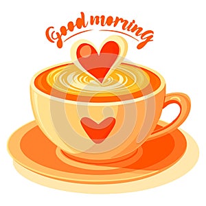 A cup of coffee with love symbols  illustrations and text good morning