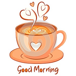 A cup of coffee with love symbols vector illustrations and text good morning