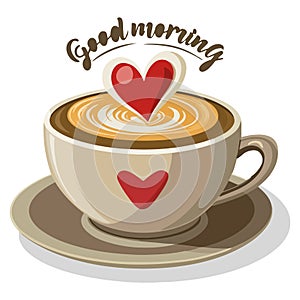A cup of coffee with love symbols vector illustrations and text good morning