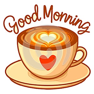 A cup of coffee with love symbols vector illustrations and text good morning