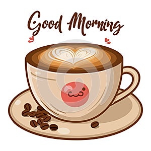 A cup of coffee with love symbols vector illustrations and text good morning