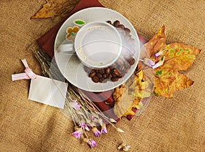 The cup of coffee lying on the books with maple leaves