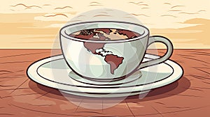a cup of coffee with a map of the world in the background