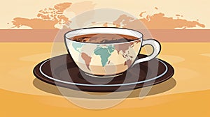 a cup of coffee with a map of the world in the background
