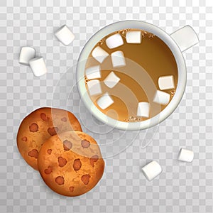 Cup of coffee with marshmallow and cookies with chocolate. Top view. Cup of coffee and cookies for breakfast, isolated