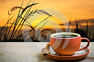 Cup of coffee with meadow at sunset