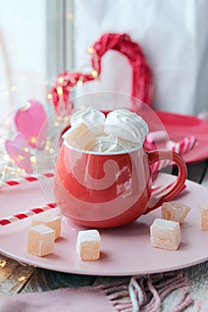 Cup of coffee with meringues and marshmallows, Turkish delight