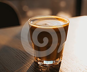 A cup of coffee with milk on a brown wooden table photo