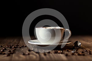 A Cup of coffee with milk and coffee beans on a dark wooden background. selective focus