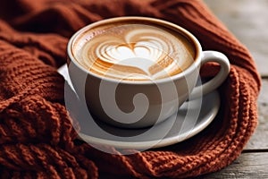 Cup of coffee with milk and heart shape foam, hot chocolate or cappuccino closeup, Generative AI