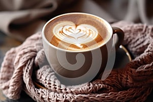 Cup of coffee with milk and heart shape foam, hot chocolate or cappuccino closeup, Generative AI