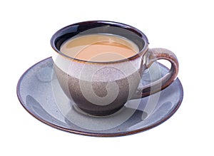 Cup of coffee with milk on pastel background