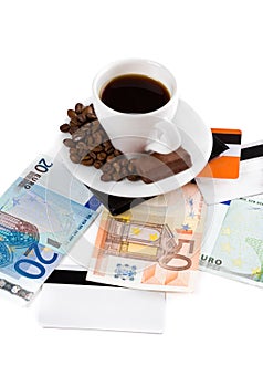 Cup of coffee with money and credit card.