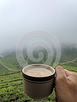 a cup of coffee in the morning with the coolness of the tea garden