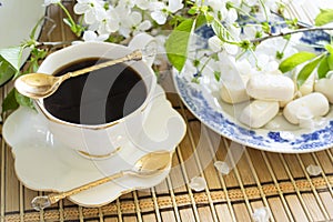 Cup of coffee in the morning, romantic white and blue colors