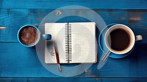 Cup of coffee and notepad with pen, top view. Generated AI.