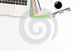 Cup of coffee with office tools on white background