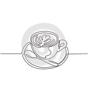 Cup of coffee one line drawing with plate and spoon. Continuous hand drawn single lineart simplicity design