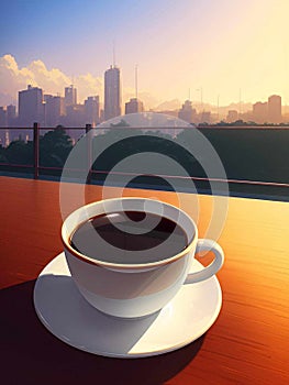 Cup of coffee overlooking a city scape