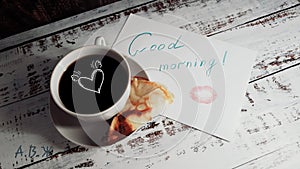 A cup of coffee, a pancake on a plate and good morning wishes on a piece of paper with traces of lipstick and funny faces