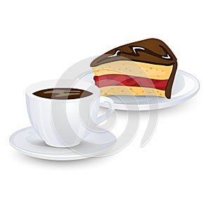 A cup of coffee and a piece of chocolate cake with jam isolated on white background. Vector illustration.
