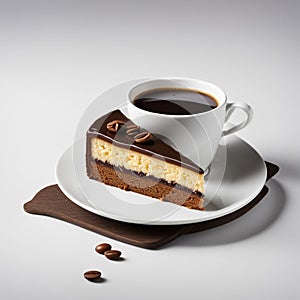 Cup of coffee and piece of chocolate cake on white background.